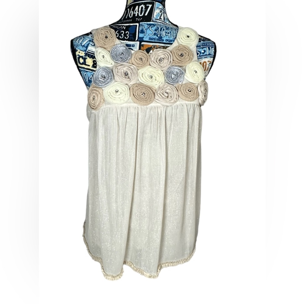Eci New York Sleeveless Blouse with Tulle Floral Embellishments